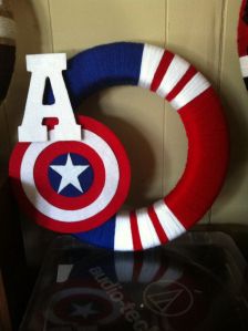 This red, white, and blue wreath has Captain America's shield. Also doubles as a 4th of July wreath.