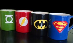Consists of Superman, Batman, the Flash, and the Green Lantern. I'm sure these were all painted on but I could be wrong.