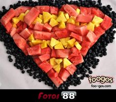 Includes pineapple, watermelon, and blueberries. Still, quite an improvement than the last Superman fruit tray.