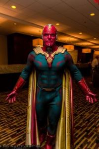 Now Vision looked more like this in Age of Ultron. And he was voiced by Paul Bettany who was the doctor in Master and Commander.