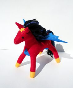 I'm sure any girl would like to have a red pony with blue wings. Also has a golden star and hooves.