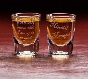 Well, at least that's an appropriate message for a shot glass. On the other side it says, "mischief managed." Drink responsibly.