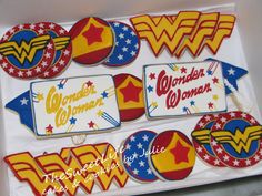 Includes Wonder Woman symbols, stars on blue, and her tiara. I'm sure these are professionally made, by the way.