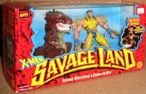 Think of this as X-Men meets the Flinstones. From The Robot's Voice: "No nose. Bone claws. Bad haircut. Droopy sideburns. Tattered costume. Skull shoulderpads. Massive shoulders. Tiny waist. Ugly dinosaur accessory. How in the hell does a toy this horrible get made?"