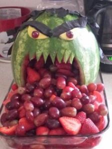 Yes, this is a Hulk salad. And sure, it's not green. But the watermelon it's presented in is.