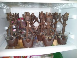 And here they all are in their pudding cups. Made from pretzels, marshmallow, and chocolate. Adorable.