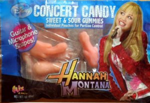 From LOL WOT: "While the Hannah Montana Concert Candy is billed as being gummies that are in the shape of guitars and microphones, you don’t have to look that closely to see the rather phallic shape of these treats."