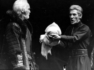 "Mark and perform it, see'st thou! for the fail/Of any point in't shall not only be/Death to thyself but to thy lewd-tongued wife,/Whom for this time we pardon. We enjoin thee, /As thou art liege-man to us, that thou carry/This female bastard hence and that thou bear it/To some remote and desert place quite out/Of our dominions, and that there thou leave it,/Without more mercy, to its own protection." - Act II, Scene 3. Don't worry, the baby lives. But the guy who's charged with abandoning her exits, pursued by a bear. Still, Leontes here is played by Sir Ian McKellen whom you may know as Gandalf and Magneto.