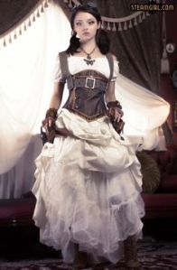 Yes, this is a steampunk dress all right. Like her butterfly necklace and goggles.