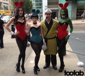 We all know that Kirk has a well established reputation as a perv. This is why casting him as Hugh Hefner with Starfleet Playboy bunnies is so funny. And one is even green.