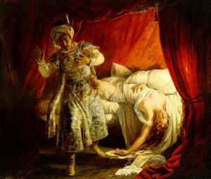 Othello: "O balmy breath, that dost almost persuade/Justice to break her sword. One more, one more!/Be thus when thou art dead, and I will kill thee,/And love thee after./One more, and that's the last!/So sweet was ne'er so fatal. I must weep,/But they are cruel tears. This sorrow's heavenly;/It strikes where it doth love. She wakes." - Act V, Scene 2