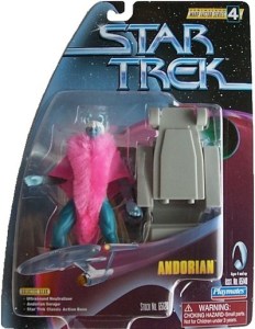 From The Robot's Voice: "The host of the 23rd century version of What Not to Wear, the Andorian can help you prep for your date with Captain Kirk or give you advice on how to handle a pissy Vulcan who is experiencing Ponn Farr. Unless he (she?) gets suffocated by some sort of pink fabric monster first. Or could all that pink on the figure just be inflammation of some kind? Better break out the space penicillin to be sure."