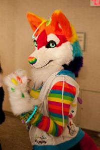The rainbow fur is a lucky guess. So are the rainbow sweatshirt and glow sticks.