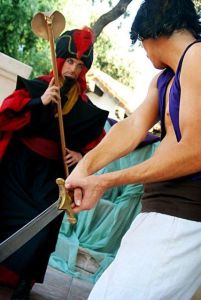 Because Aladdin is wielding a sword at him for good reason. Perhaps he should try to aim for his pride.