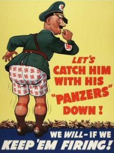I think this is a clever one for WWII. Notice how Hitler has swastikas on his underwear.
