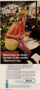 Except in the bathroom. Or when you have change your pad or tampon at regular intervals. Or when you find blood stains on your underwear. Seriously, this isn't an accurate representation of a woman during her "time of the month."