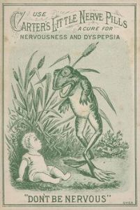 Caption: "Advertisement for Carter's Little Nerve Pills depicting a very young child sitting on the ground looking up at a standing, talking frog." Since when should anyone take such advice from a talking frog? That's not right.