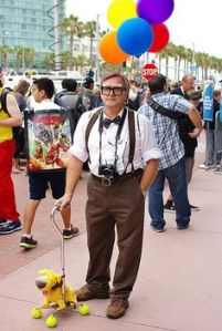 I guess this was a fairly easy costume to make. Like the balloons and the plush dog at the cane.