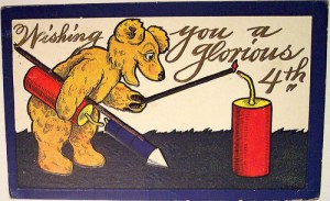 Now even bears have fireworks in these vintage cards. And he doesn't seem to have a good intention about using them either.