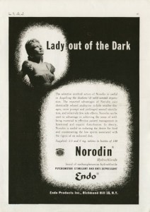 Otherwise known by the more familiar term, "meth." From Best Medical Degrees: "The advertisement above claimed that Norodin was “useful in dispelling the shadows of mild mental depression” and that it has “relatively few side effects.” Never mind the fact that it can result in various alarming physiological effects, including anorexia, tooth grinding, irregular heartbeat, insomnia, abnormal blood pressure, heart attacks, and strokes. It is also extremely addictive and is one of the hardest dependencies to overcome."