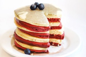 Just be sure to add blueberries for the extra red, white, and blue touch. Not sure about the red pancakes though.