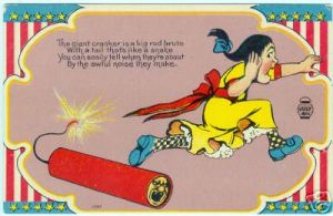 Well, at least this one addresses fireworks safety and shows someone running away. However, is the scary firecracker face necessary?