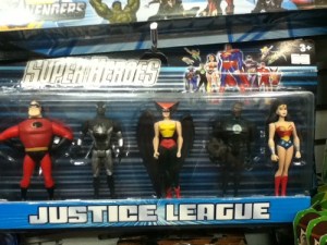 I don't think Spider Man and Mr. Incredible are Justice League members. Spider Man is from Marvel. And Mr. Incredible is from a Pixar movie.
