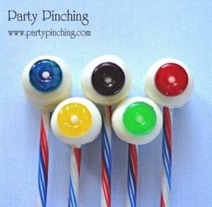 These have candy cane sticks and gummy lifesavers on top. Quite clever if you ask me.