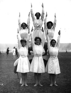 From New Republic: "At the 1908 games in London, the Danish women's gymnastics team undertook incredible feats of flexibility, considering their team uniforms are straitjackets." Wonder what the women's swim team wore that year. Consider if they had a women's swim team.