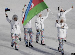 From Fast Company: "Say what you want about the fluffy white fur trapper hats, when Team Azerbaijan made their entrance, we couldn't help focusing below the belt. Psychadelic paisley in the colors of the Azerbaijani flag is kind of like an (acid) party in your pants."