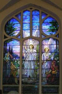 This one depicts angels appearing to the shepherds and announcing the birth of Christ. It's in Luke's Gospel. But I don't think this window was used for a church.