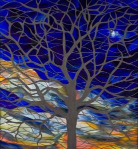 Or during a sunset, anyway. Like how the tree is encased in the clay lines among the tiles.