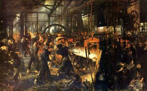 Here's a German painting of a bunch of guys working in a foundry during the 19th century. Notice how there's no attention being paid to workplace safety. Also, imagine doing this work 6 days a week at 16 hours a day for less than minimum wage.