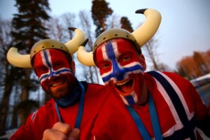 They're also wearing Viking hats, too. Because that's what Norwegian fans do, apparently.