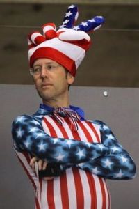 And I guess he has to don a ridiculous star spangled outfit to prove it. Love the hat though.