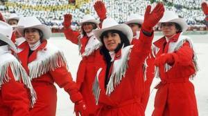 Apparently, cowboys were all the rage in the 1980s. So the Canadians had to have such outfits for their Olympics, too. Still, mountie costumes would've been more appropriate.
