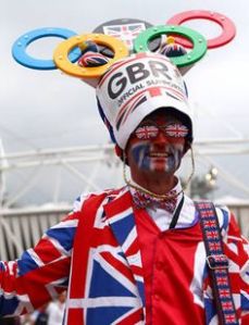 After all, he's decked in Union Jacks and has a large Olympic hat. So he's ready to support Team Britain.