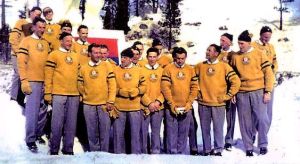 From Whitelines: "Pin-striped suit trousers, patent black shoes (I would not like to walk on snow in those!) and a mustard-coloured sweater with a Peter Pan collar. They look like some sort of Nordic Christmas choir. Poor Australia, they produce talent like Torah and then disastrous outfits like this."