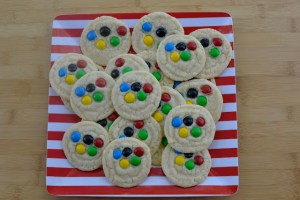 These just need M&Ms as decoration. For each cookie, one of each color will do.