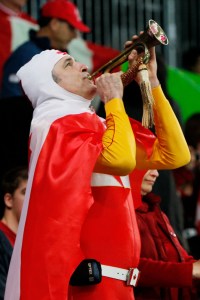 Okay, I don't think they have buglers like that. But it is pretty funny, especially since he's wearing tights.