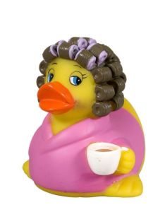 Like how she has the curlers in her hair and her robe. Wait a minute, ducks don't have hair.