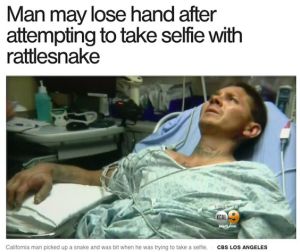 Let me guess, guy got bit by rattlesnake so he might lose a hand? And because he wanted to take a selfie with it. Can people be that stupid?