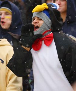 Okay, he's not a player for the NHL Pittsburgh Penguins. He's just a fan of the Pitt Panthers in a penguin suit. Yes, I know it looks ridiculous.