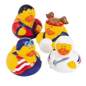 Represented are judo, swimming, volleyball, and fencing. Why there's no gymnastic rubber duckie, I have no idea.