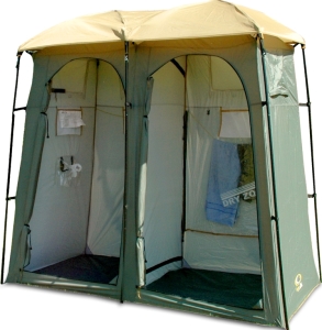 Yes, these tents exist. But you can use one for going to the bathroom and one for taking a shower in. If you have the right equipment.