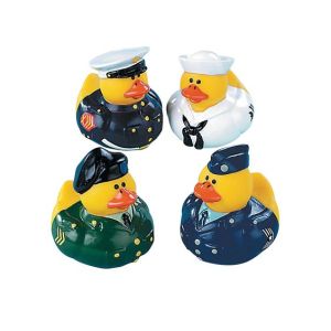 Each duck is wearing their branch's dress uniform. Their head servicemen in each of their organizations form the Joint Chiefs of Quack.
