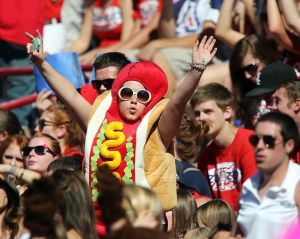 Not sure why anyone would dress as a hotdog to support their college team. But this person seems to have a great costume nonetheless.