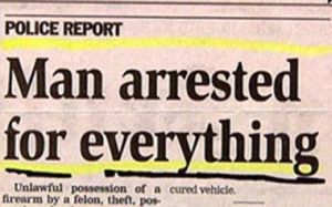 So what do they mean by, "everything?" The term seems rather non-specific here. Like he was arrested for arson, murder, jaywalking, robbery, grand theft auto, rape, extortion, and more.