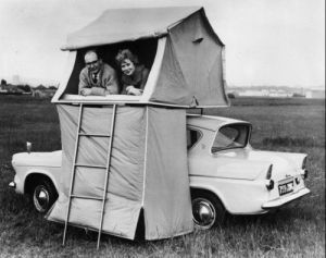 I didn't know they had tents like that in the 1950s. Guess this couple really wanted to save space at their campsite. Or maybe they just wanted the view.