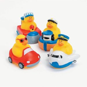 These are transportation rubber duckies. Each one is in its own mode like a plane, train, boat, and car.